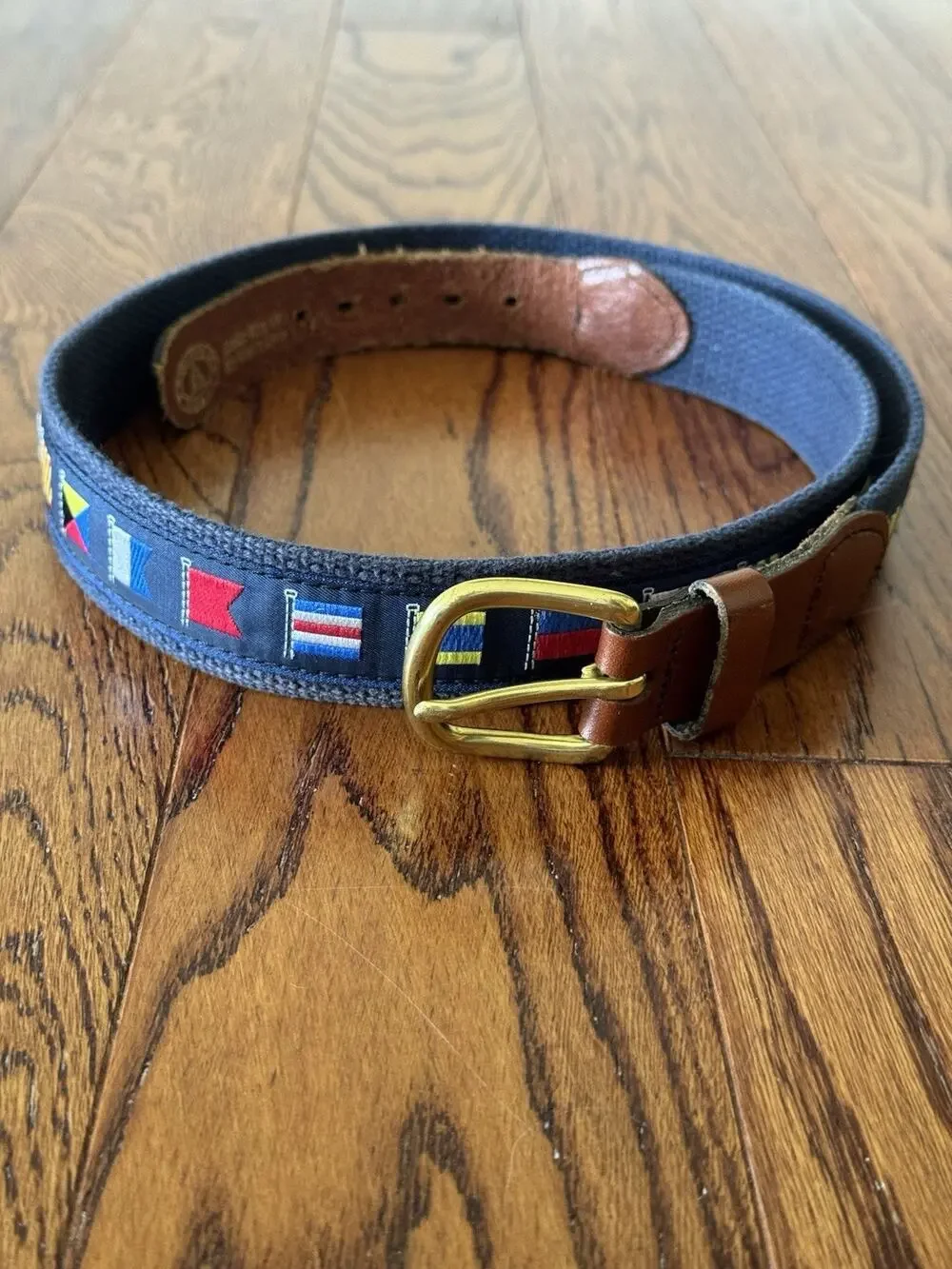 Leather Man Ltd Belt Mens 36 Navy Web Brass Buckle Embroidery Nautical Flags USA